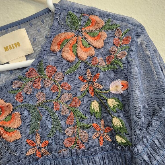 Anthropology Maeve Blue Embroidered Polka Dot Lined Dress - size Large - Picture 5 of 6